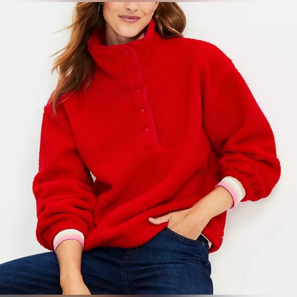 LOFT | Teddy Fleece Sherpa Pullover Sweater | Red | Medium